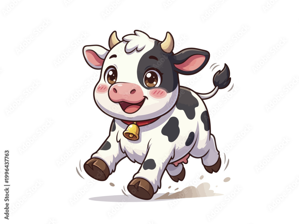 Fototapeta premium Cartoon cow running with bell.