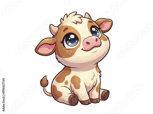 Cartoon cow with big eyes sitting.