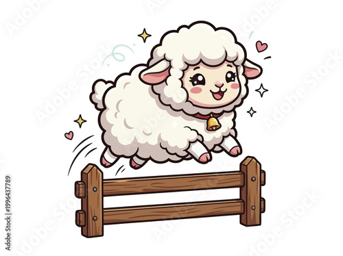 Cartoon sheep jumping over fence hurdle.