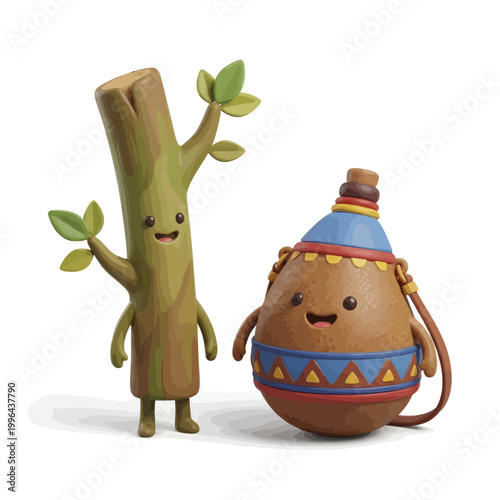 Cartoon tree and clay pot characters.