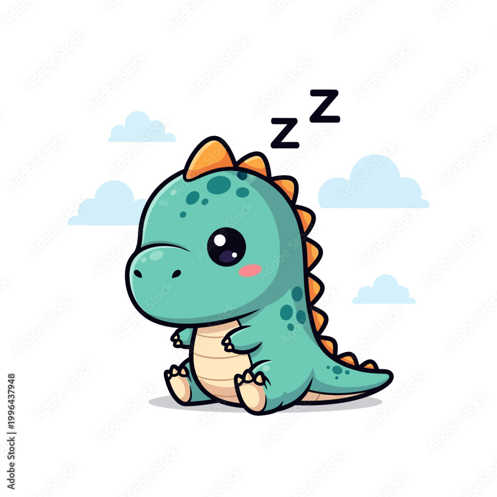 Obraz premium Cute Sleeping Baby Dinosaur Vector Illustration - Kawaii Dino Character Taking a Nap