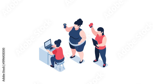 Isometric illustration of three women in fitness and work environment.