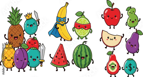 Large collection of cute fruit characters featuring superhero banana and lime with warrior pineapple and apple in a funny cartoon vector illustration set