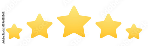 Five golden stars rating scale with perspective size variation representing quality ranking and evaluation concept glossy icons isolated on transparent background ideal feedback systems and reviews