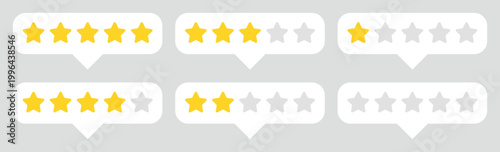 Set of customer rating stars UI elements with speech bubbles and scores golden five star scale icons isolated on transparent background for reviews feedback app design templates and interfaces