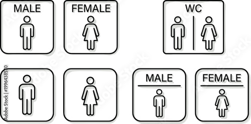 Toilet and wc sign vector icons, male and female restroom symbols, bathroom and washroom identification icons for men and women on transparent background