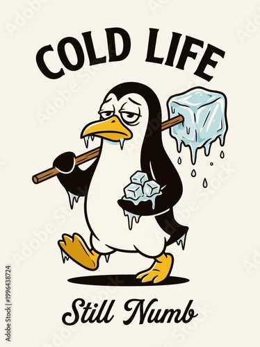 Cartoon Penguin Holding Ice Cube.