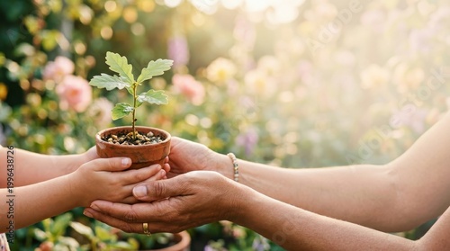 Adult and child hands holding a small potted oak sapling together, representing the Global Day of Parents and the nurturing of environmental growth and sustainability