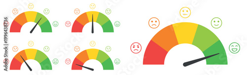 Multiple customer satisfaction gauges with emoticon icons showing different feedback levels from positive to negative colorful semicircle meters isolated on transparent background for survey analytics