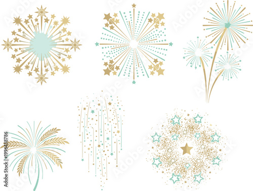 Set of fireworks explosion vector illustrations, festive star burst and celebration elements, carnival and holiday party pyrotechnics on transparent background