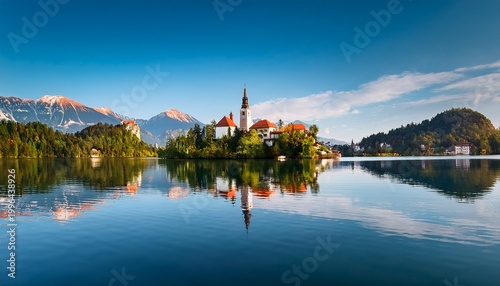 slovenia bled lake bled town and island church reflect in lake