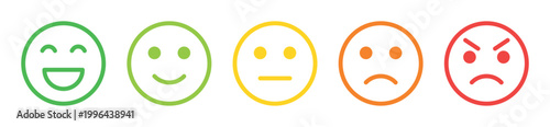Set of customer satisfaction emoticon icons from happy smile to angry face, colorful outline feedback symbols isolated on transparent background, rating emotion scale for review and user experience