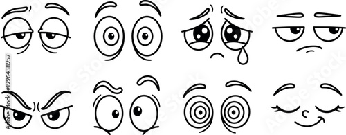 Vector set of cartoon eyes with different expressions, funny character facial emotions including crying surprised and tired faces on transparent background