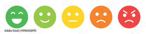 Large emoji faces showing feedback scale from happy to angry in green yellow orange red colors isolated on transparent background for customer experience rating satisfaction survey ui ux icons hd