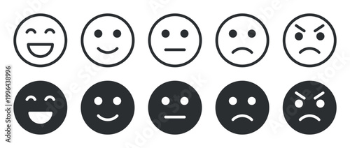 Set of emoticon faces showing happy neutral sad angry expressions in outline style isolated on transparent background, user feedback rating mood icons collection for interface design and reviews usage