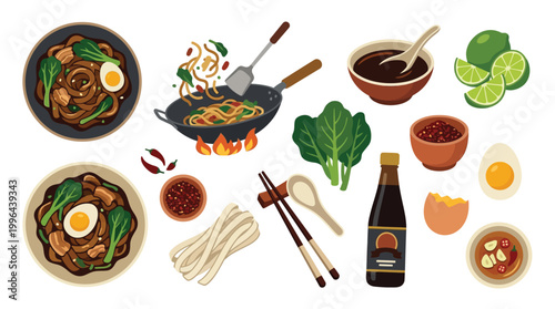 A vibrant collection of Asian food ingredients and dishes, showcasing noodles, stir-fries, sauces, and fresh produce, artfully arranged for a culinary presentation.