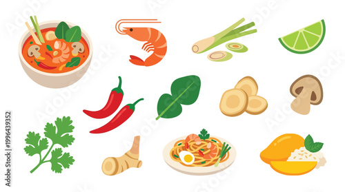A vibrant collection of ingredients and dishes , including Tom Yum soup, shrimp, lemongrass, lime, chili peppers, kaffir lime leaves, galangal, mushrooms, cilantro, and mango sticky rice.