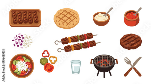 A vibrant collection of delicious grilled meats, fresh vegetables, and traditional accompaniments, perfect for a summer barbecue or a Mediterranean feast.