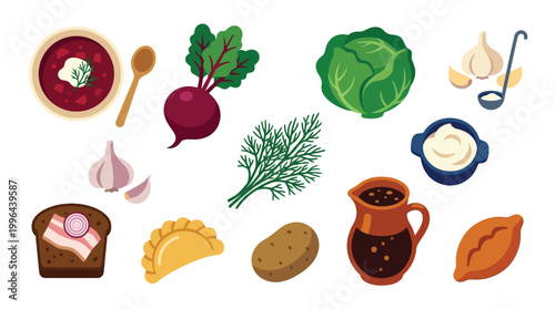 A vibrant collection of ingredients and dishes commonly found in Eastern European cuisine, including borscht, cabbage, beets, potatoes, and various baked goods.