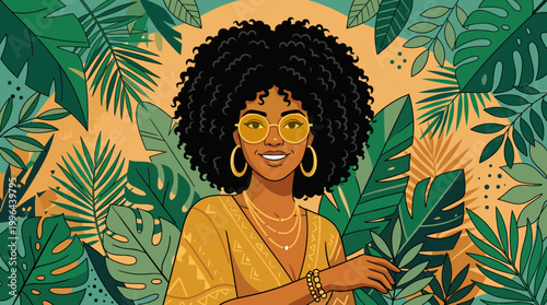 Vibrant portrait of a young woman surrounded by lush greenery nature illustration bright and cheerful atmosphere