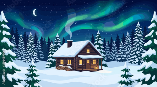 Winter cabin under northern lights snowy forest landscape digital art nighttime serene atmosphere