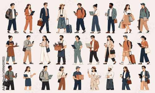 Mixed Modern People Toolkit Pack. Flat People SVG Vector Set with Isolated Modern Human Characters, Full Body Lifestyle Figures, Business, Casual and Everyday Adults, mixed modern people toolkit