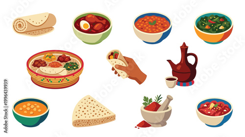 A vibrant collection of Ethiopian dishes and ingredients, showcasing injera, stews, spices, and coffee ceremony.