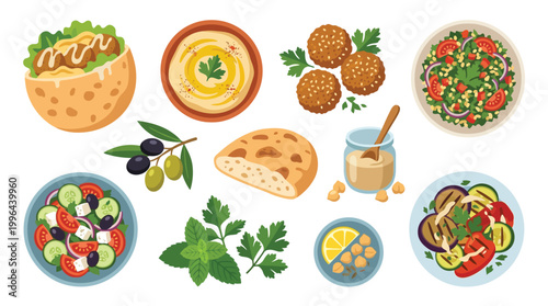 A vibrant collection of Middle Eastern dishes and ingredients, showcasing falafel, hummus, salads, and fresh herbs.
