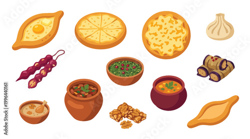 A vibrant collection of Georgian food dishes, including khachapuri, khinkali, and various stews, presented in a top-down illustration.