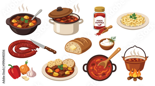 A vibrant collection of Hungarian Goulash and related ingredients, showcasing a hearty stew, paprika, bread, and sausage.