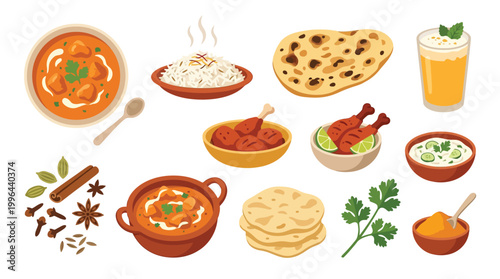 A vibrant collection of Indian dishes and ingredients, showcasing curries, rice, naan, and spices, presented in a top-down flat lay style.