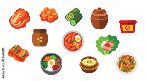A vibrant collection of Korean food illustrations, showcasing various dishes and ingredients like kimchi, bibimbap, and tteokbokki.