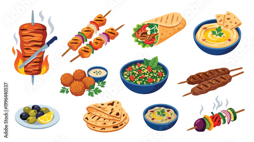 A vibrant collection of delicious Middle Eastern dishes, including shawarma, kebabs, falafel, hummus, and tabbouleh, presented in a visually appealing arrangement.