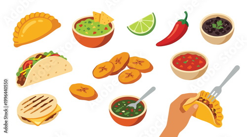 A vibrant collection of popular Latin American dishes and ingredients, including tacos, empanadas, guacamole, salsa, and plantains, presented in a colorful illustration.