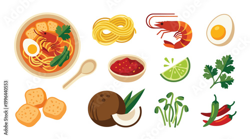 A vibrant collection of ingredients and a finished bowl of Laksa, a popular Southeast Asian noodle soup.