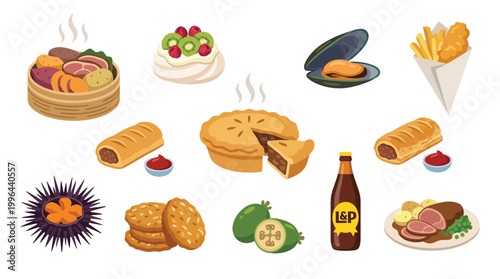 A vibrant collection of delicious food items, including pies, seafood, pastries, and beverages, presented in a lively illustration.