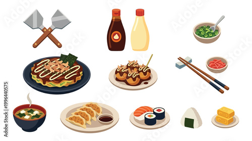 A vibrant collection of Japanese food items and cooking utensils, including okonomiyaki, takoyaki, sushi, gyoza, miso soup, and onigiri, alongside condiments and spatulas.