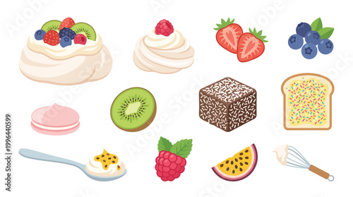 A vibrant collection of sweet desserts and fruits, including pavlova, macarons, lamingtons, and fresh berries, presented on a white background.