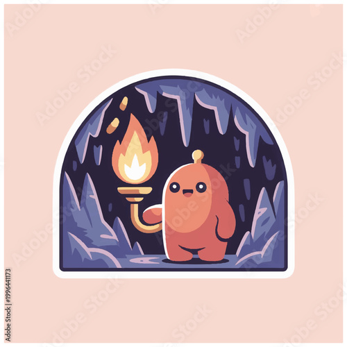 Cute cartoon monster holding a torch in a dark cave.