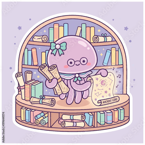 Cute cartoon jellyfish librarian holding scrolls in a library.