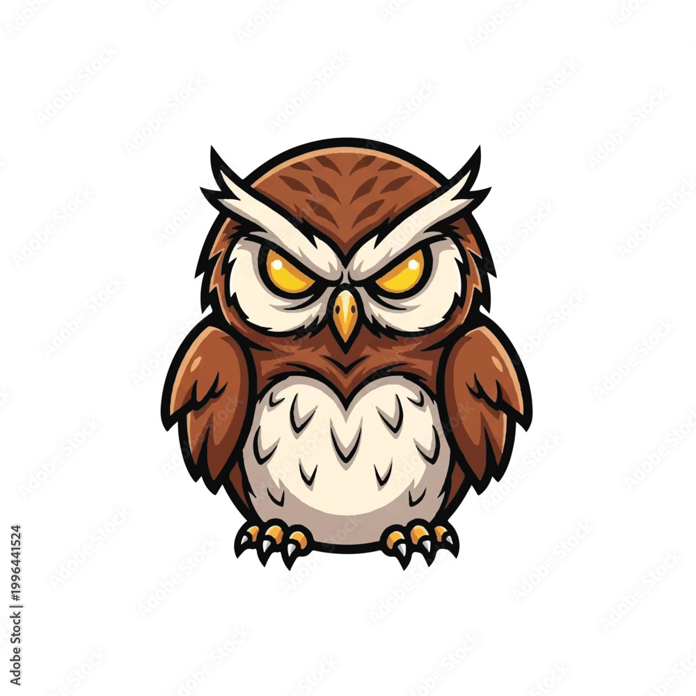 Fototapeta premium Cute cartoon owl with big yellow eyes and angry expression.
