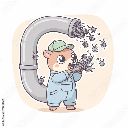 Cute Hamster Plumber Fixing a Clogged Pipe with Bugs.