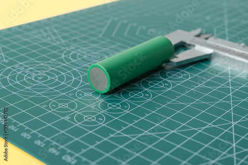caliper and 18650 lithium-ion battery on a green cutting mat. oncepts of precision engineering, electronics prototyping, standardized battery sizes, and technical measurement in hardware development.