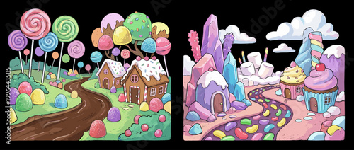 Vibrant whimsical candy land illustration with sweet treats and dessert houses