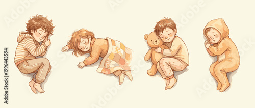 Illustration of diverse young children peacefully sleep in various cozy positions