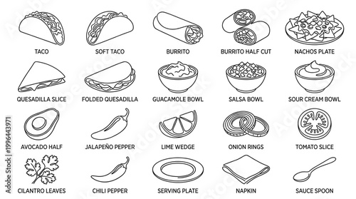 Indonesian food line art set with snacks, rice bowls, soup, satay, sambal, lime, sauce and traditional cuisine dishes for restaurant menu design