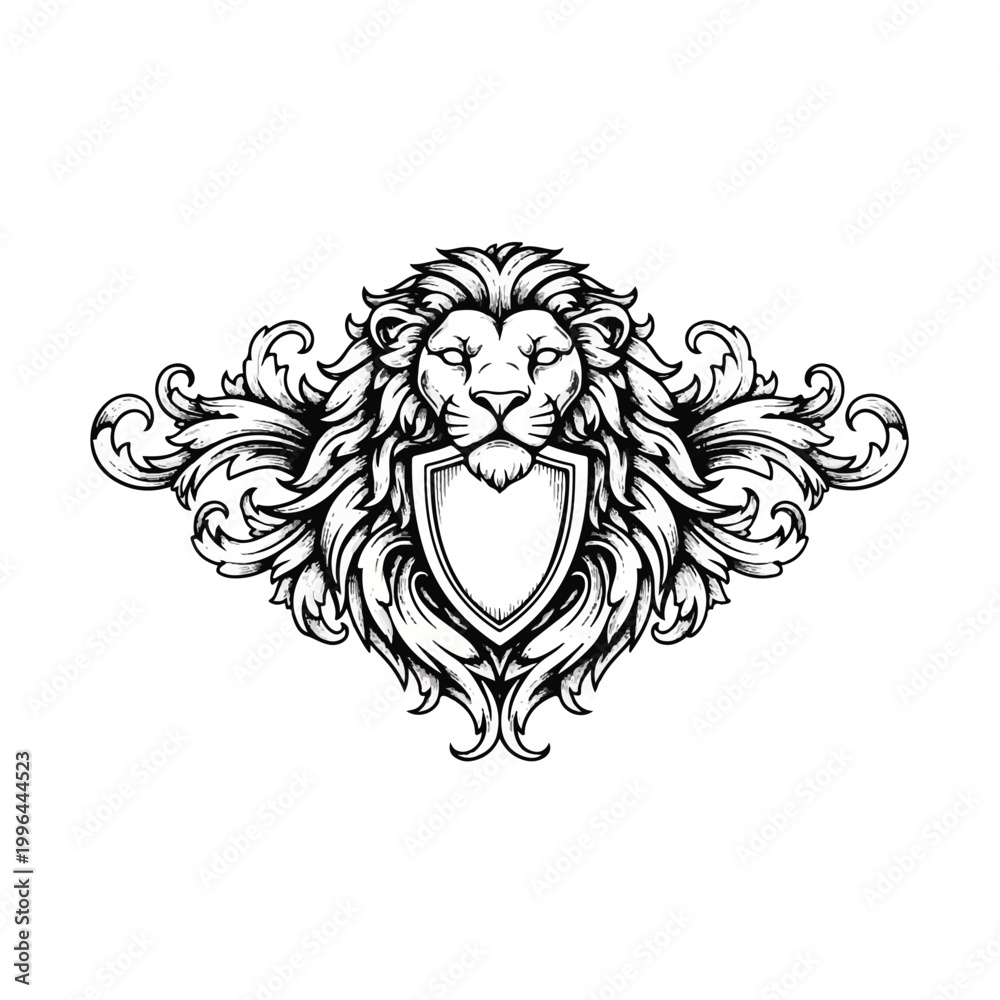 Fototapeta premium Lion Head Emblem with Ornate Scrollwork and Shield.