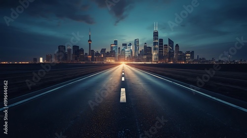 A long road leads to a modern city skyline at night, symbolizing economic growth and opportunity.