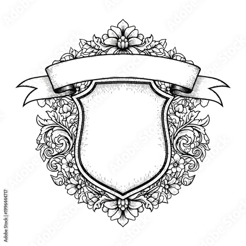 Ornate Shield Emblem with Blank Banner and Floral Accents.