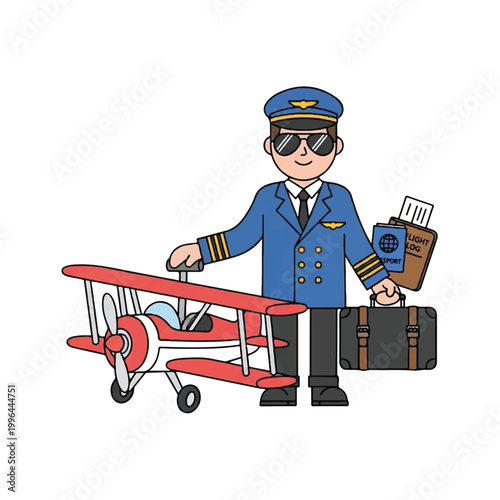 Pilot with Biplane Suitcase and Passport Ready for Travel.